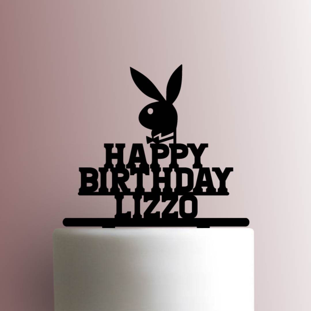 Custom Playboy Bunny with Bowtie Happy Birthday Name 225-A922 Cake Topper